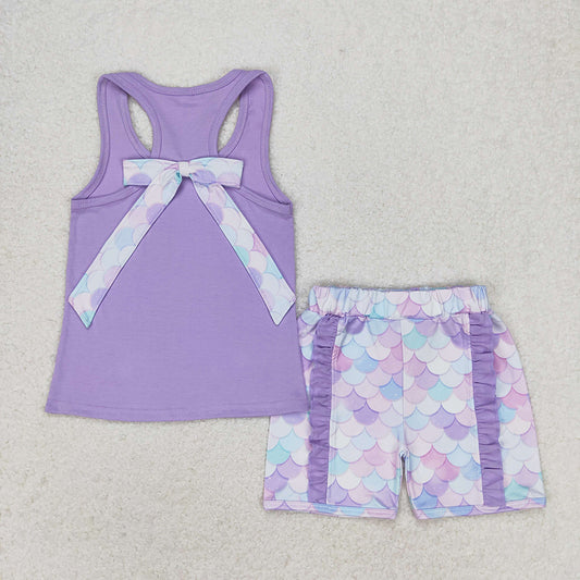 Baby Girls Purple Vest Bows Top Ruffle Floral Shorts Clothes Sets