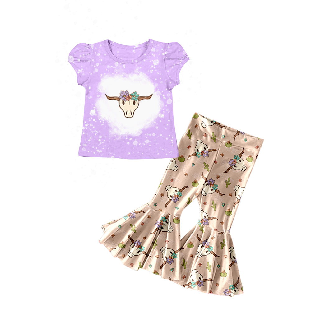 Baby Girls Western Purple Cow Skull Shirt Flare Pants Clothes Sets preorder(moq 5)