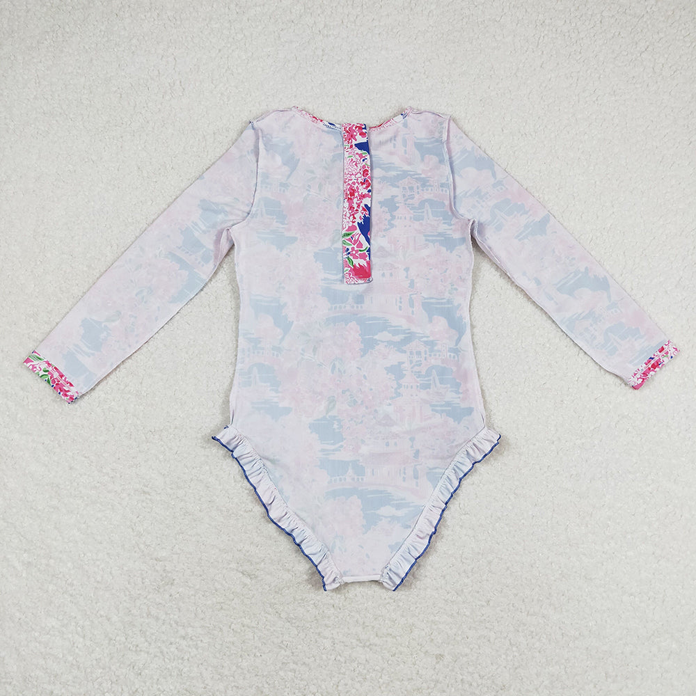 Baby Girls Pavilion Flowers Long Sleeve One Piece Swimsuits