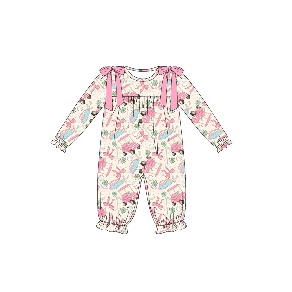 Preorder moq 5 Baby Girls Long Ruffle Sleeves Pink Golf Flowers Pant Rompers