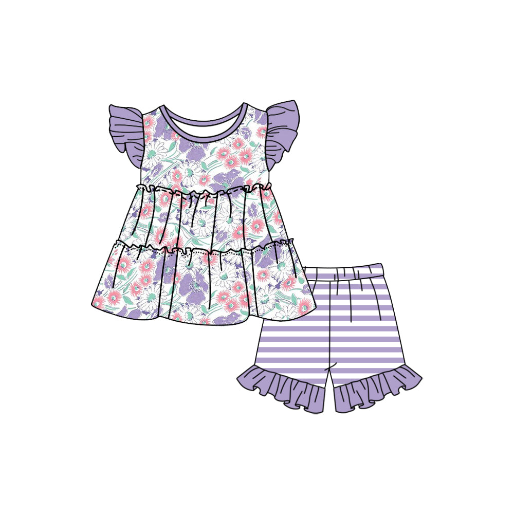 Baby Girls Spring Purple Flowers Tunic Top Ruffle Shorts Clothes Sets preorder(moq 5)