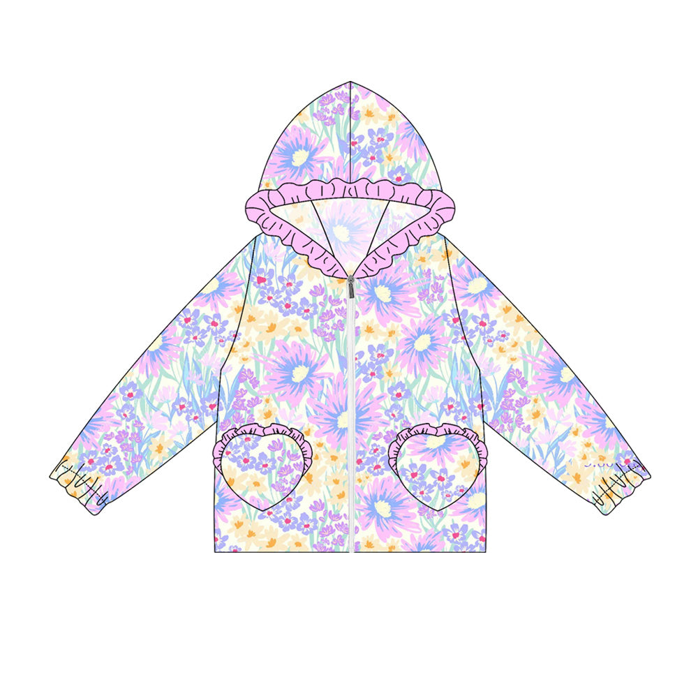 Preorder(moq 5) Baby Girls Long Ruffle Sleeves Lavender Flowers Pockets Zipper Hoodies Top