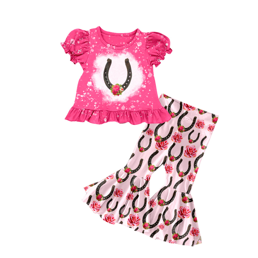 Baby Girls Pink Horse Shoes Shirt Flare Pants Clothes Sets preorder(moq 5)
