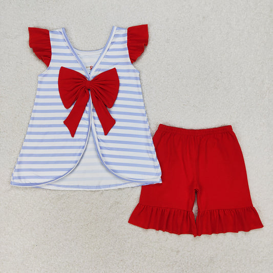 Baby Girls 4th Of July Dog Flag Bow Top Ruffle Shorts Clothing Sets