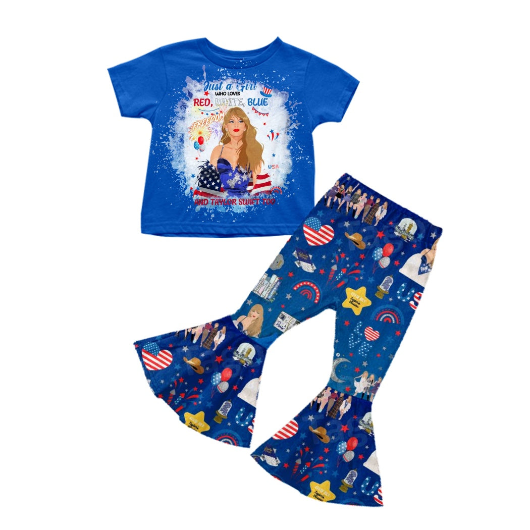 Baby Girls Short Sleeve Singer 4th of July Tee Shirt Bell Blue Pants Sets preorder(moq 5)