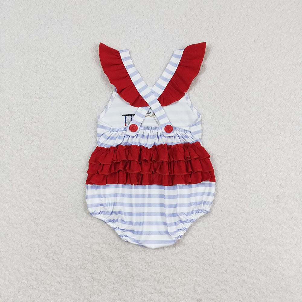 Baby Infant Girls Blue Stripes Dog Flag Straps Summer Rompers