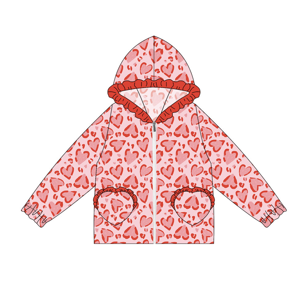 Preorder(moq 5) Baby Girls Long Ruffle Sleeves Red Hearts Plaid Pockets Zipper Hoodies Top