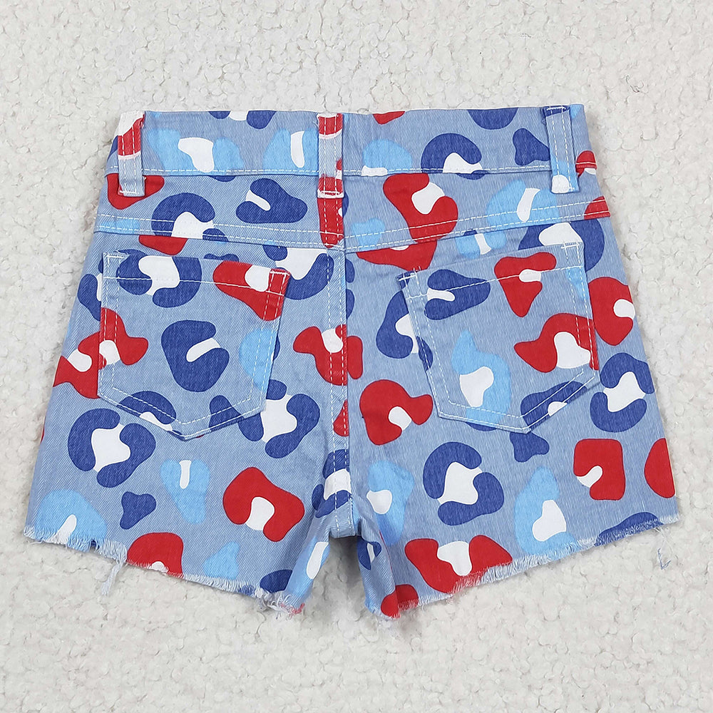 Baby Girls 4th Of July Red Navy Leopard Denim Shorts