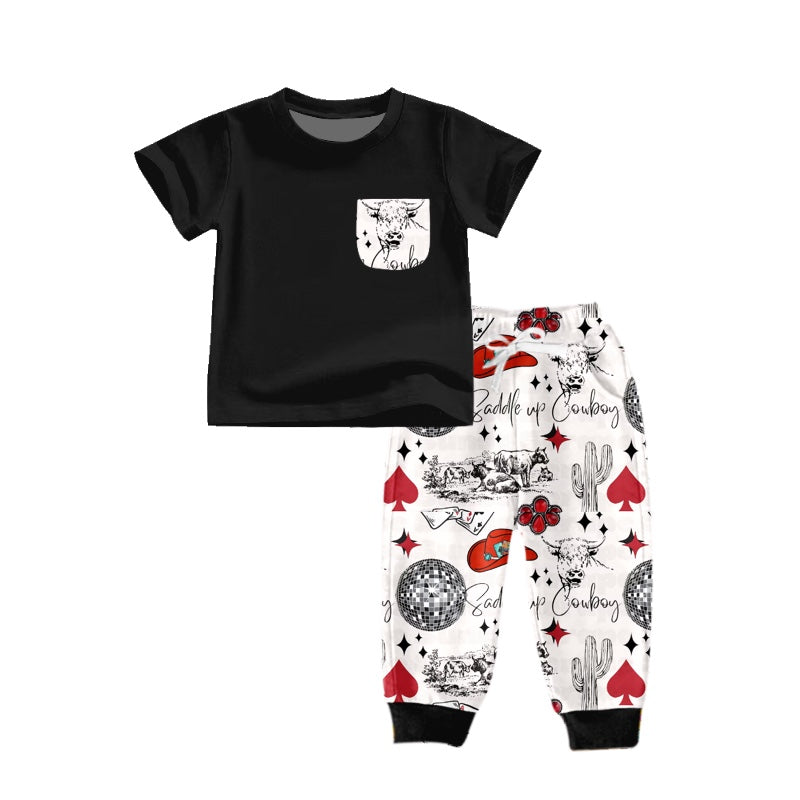Baby Boys Western Black Tee Cow Cactus Pants Clothes Sets preorder(moq 5)