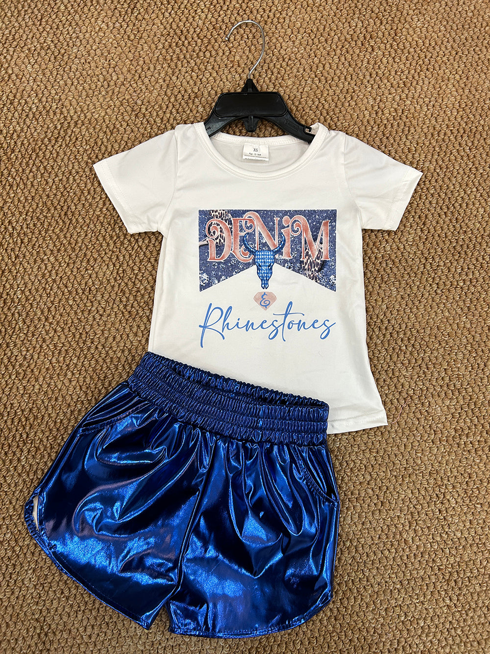 Baby Girls Western Rhinestones Tops Blue Metallic Shorts Outfits