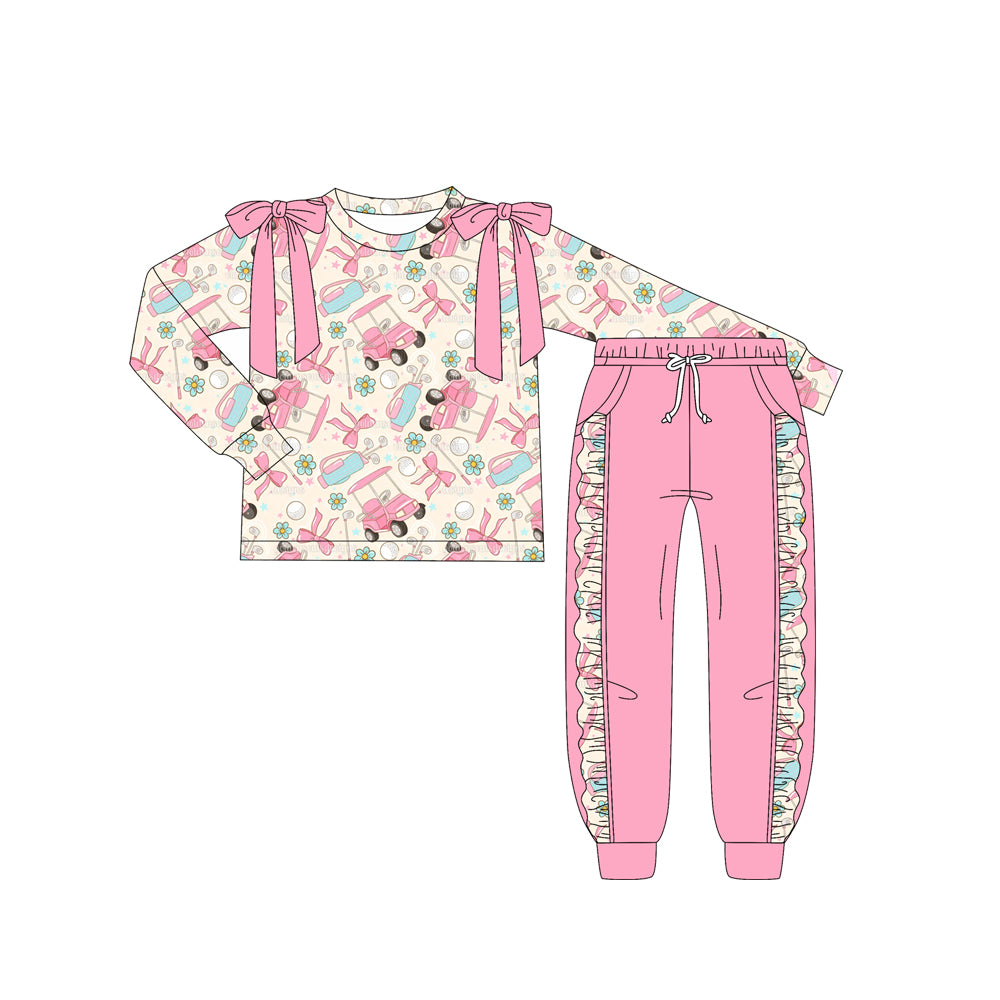 Preorder (moq 5)Baby Girls Long Sleeves Pink Flowers Golf Top Pocket Leggings Pants Set