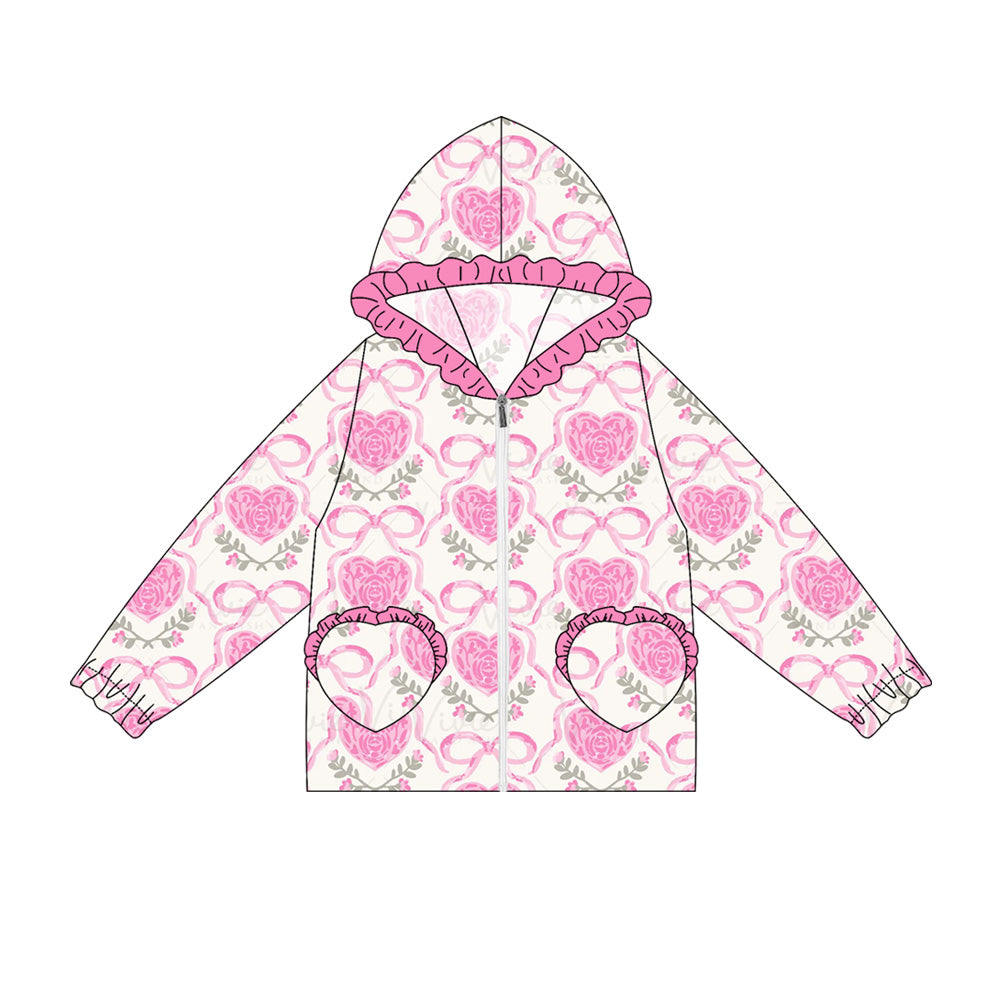 Preorder(moq 5) Baby Girls Long Ruffle Sleeves Pink Flower Hearts Plaid Pockets Zipper Hoodies Top