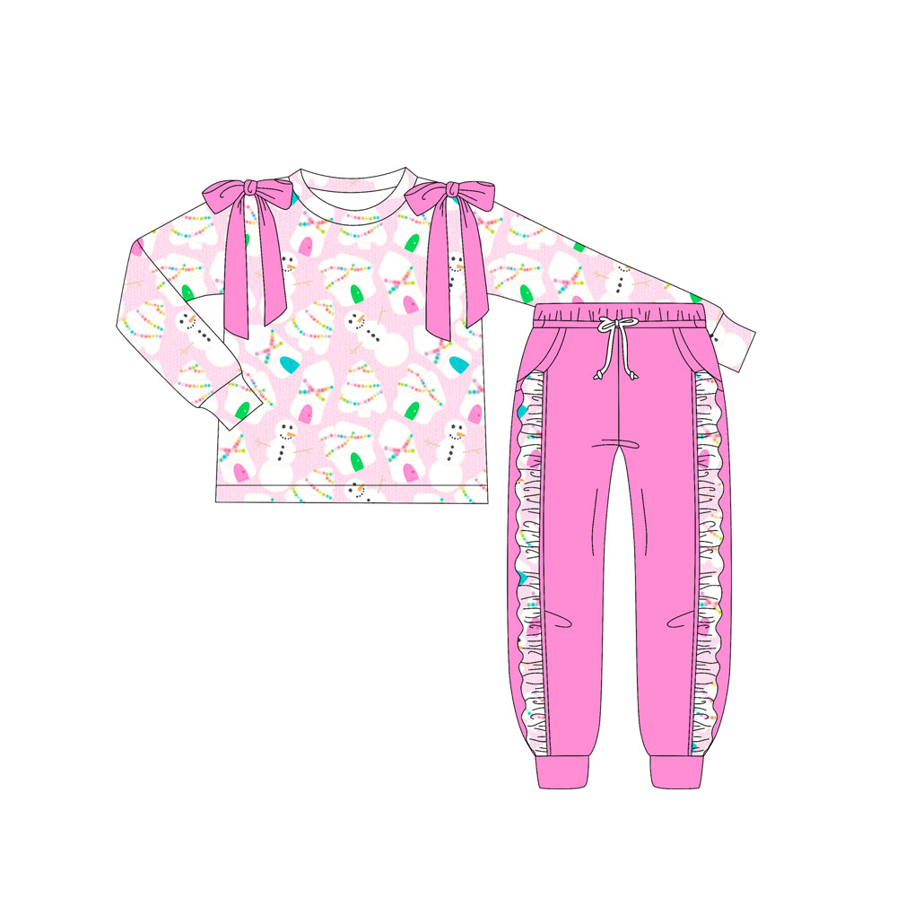 Preorder (moq 5)Baby Girls Long Sleeves Christmas Trees Snowman Top Pocket Leggings Pants Set