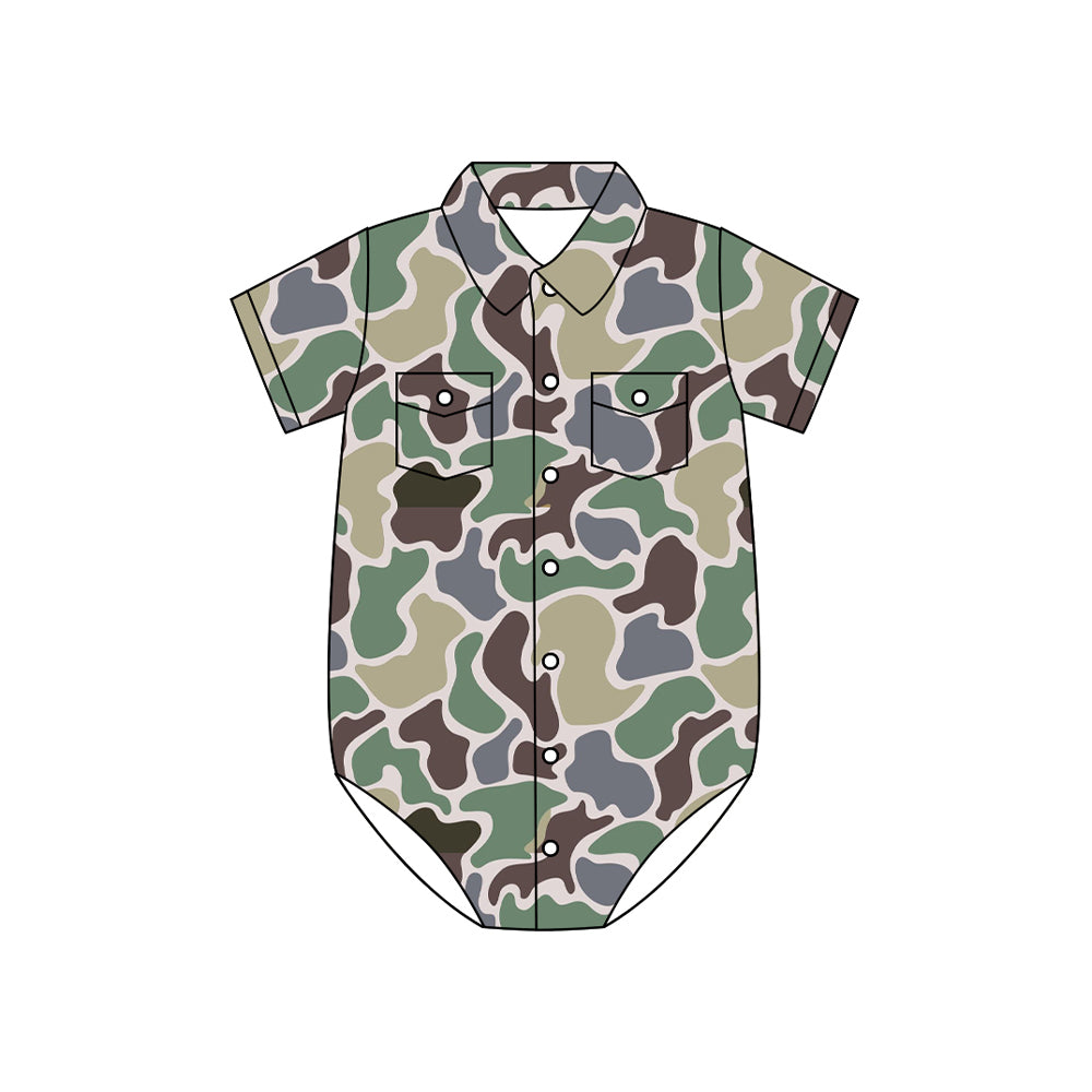 Preorder moq 5 Baby Boys Short Sleeves Green Brown Camo Button Pockets Rompers
