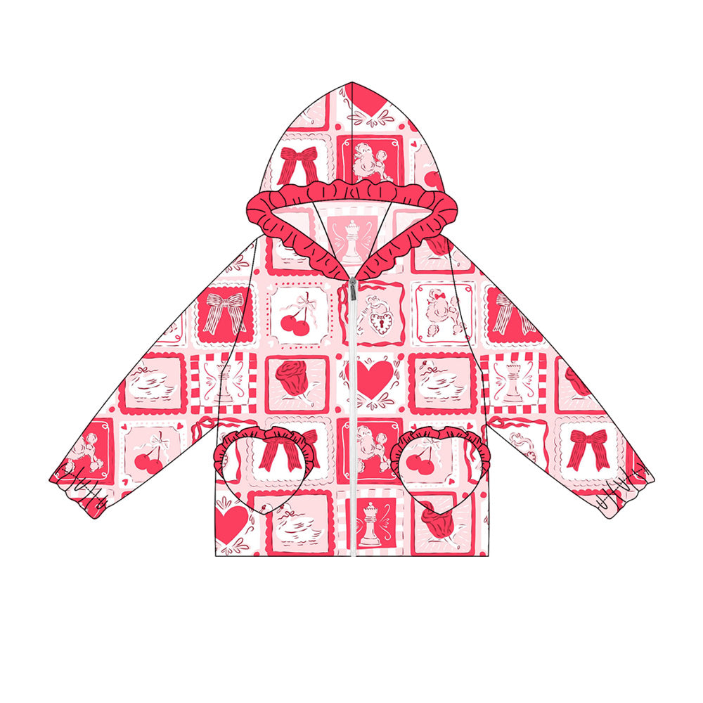 Preorder(moq 5) Baby Girls Long Ruffle Sleeves Red Flowers Cherry Plaid Pockets Zipper Hoodies Top