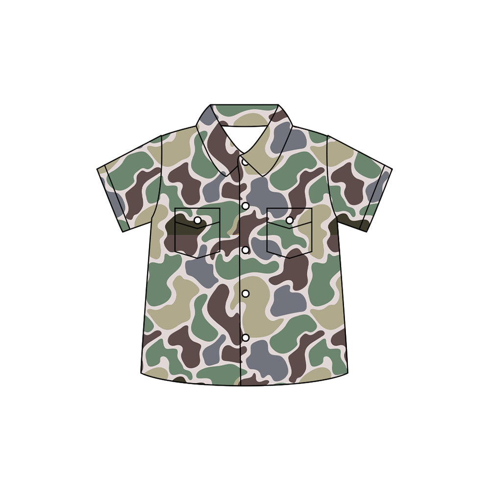 Preorder moq 5 Baby Boys Short Sleeves Green Brown Camo Button Pockets Shirts Top
