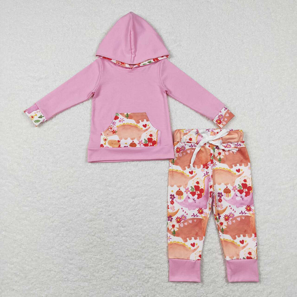 Baby Girls Pink Valentines Dinosaur Long Sleeve Hooded Shirt Pants Clothing Sets