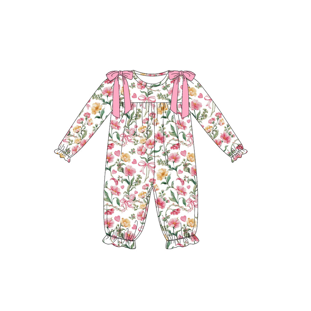 Preorder moq 5 Baby Girls Long Ruffle Sleeves Pink Bows Flowers Plaid Pant Rompers