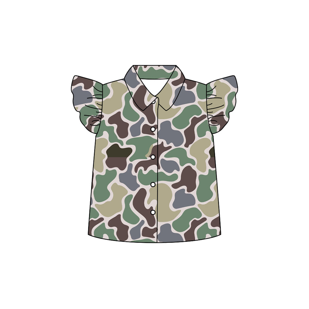 Preorder moq 5 Baby Girls Flutter Sleeves Green Brown Camo Button Shirts Top
