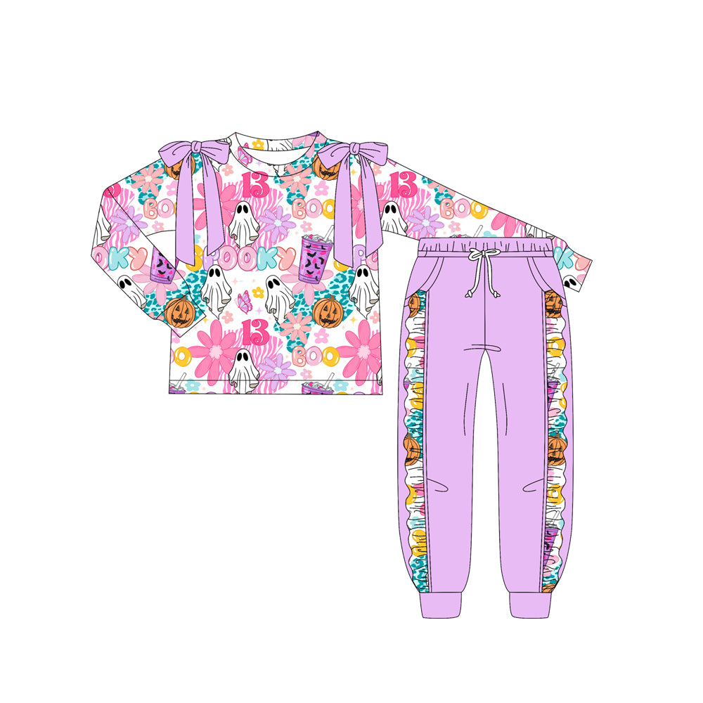 Preorder (moq 5)Baby Girls Long Sleeves Flowers Ghosts Top Pocket Leggings Pants Set
