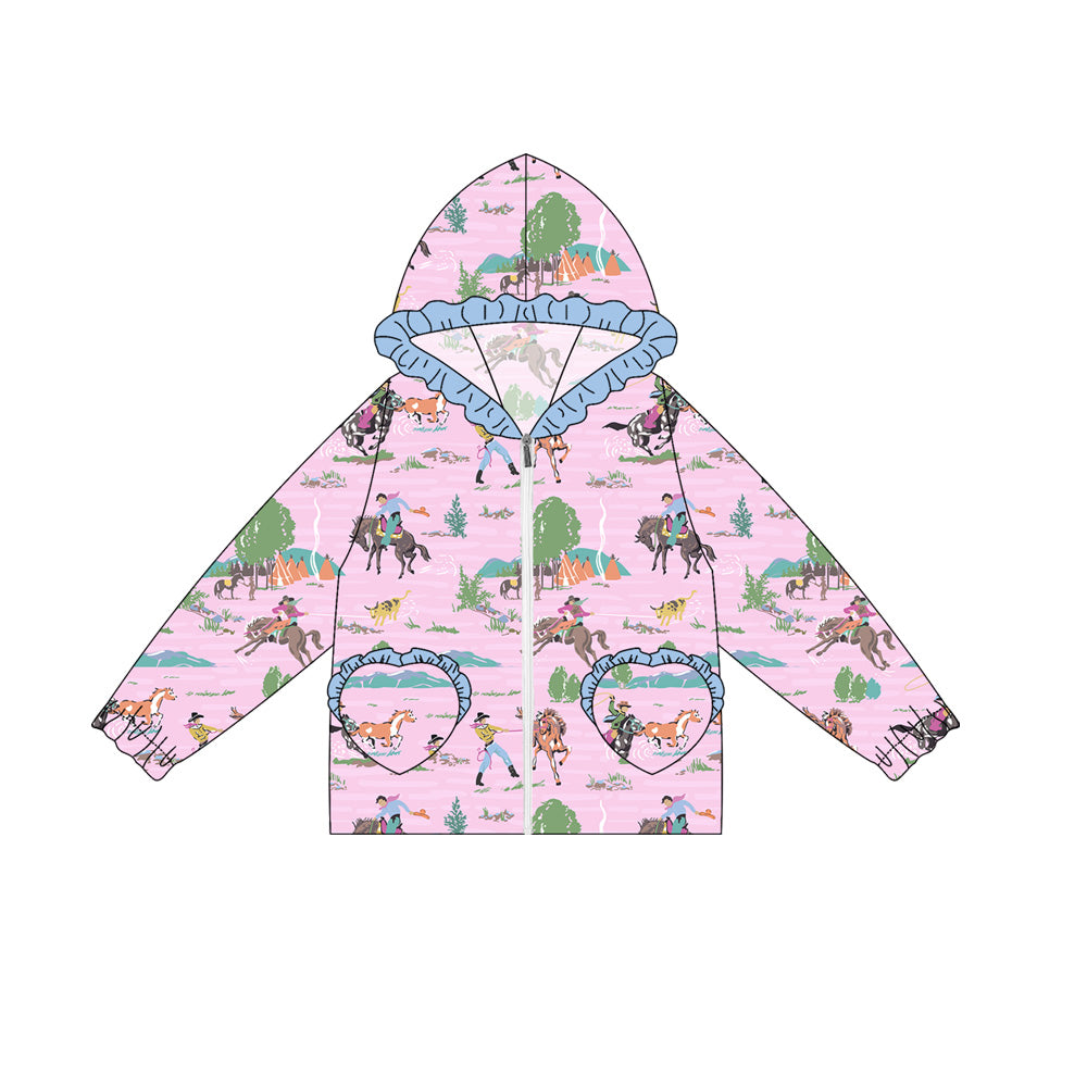 Preorder(moq 5) Baby Girls Long Ruffle Sleeves Pink Horse Rodeos Pockets Zipper Hoodies Top
