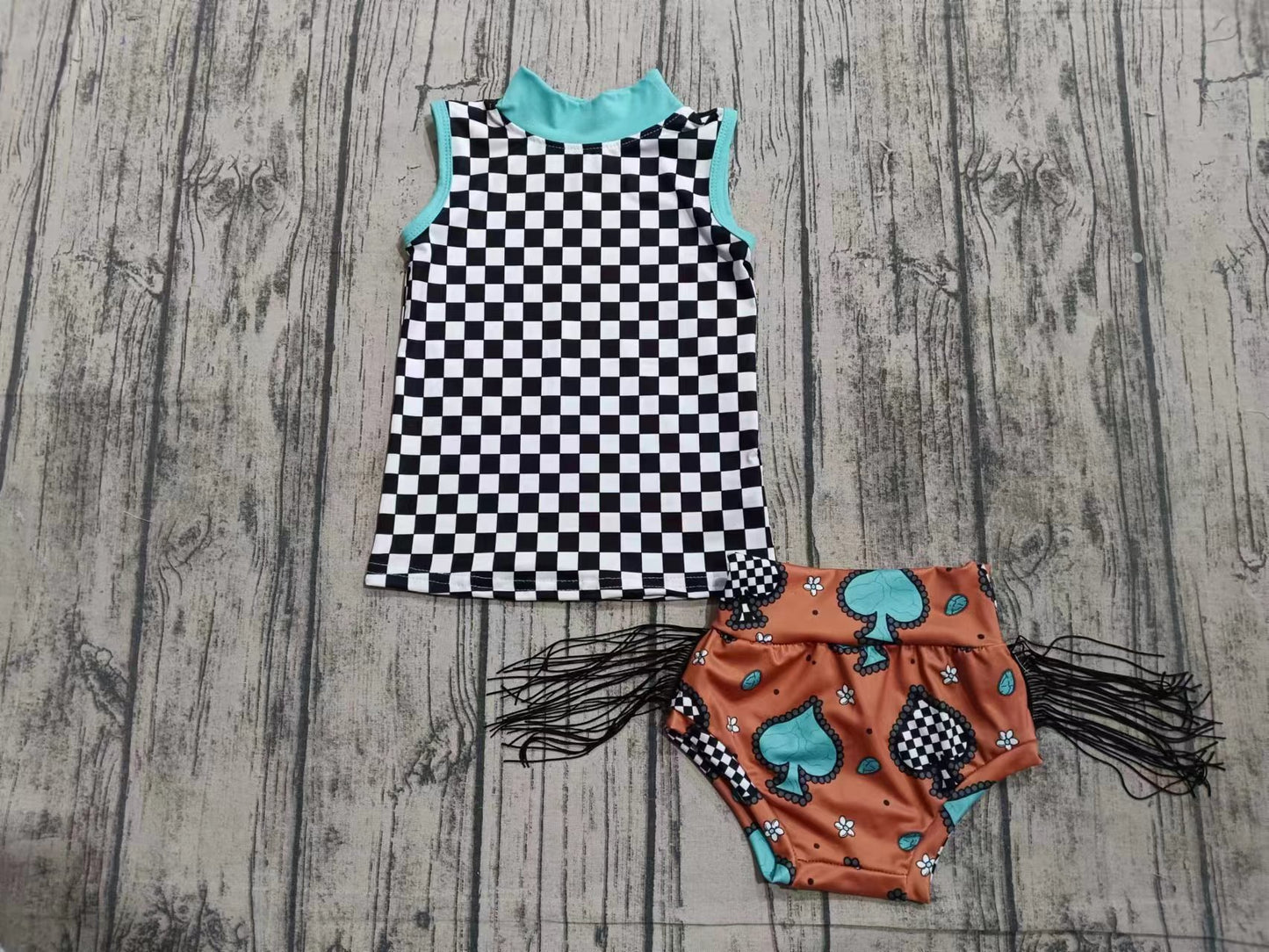 preorder(moq 5) Baby Girls Western Checkered Tee Shirts Top Bummie Sets