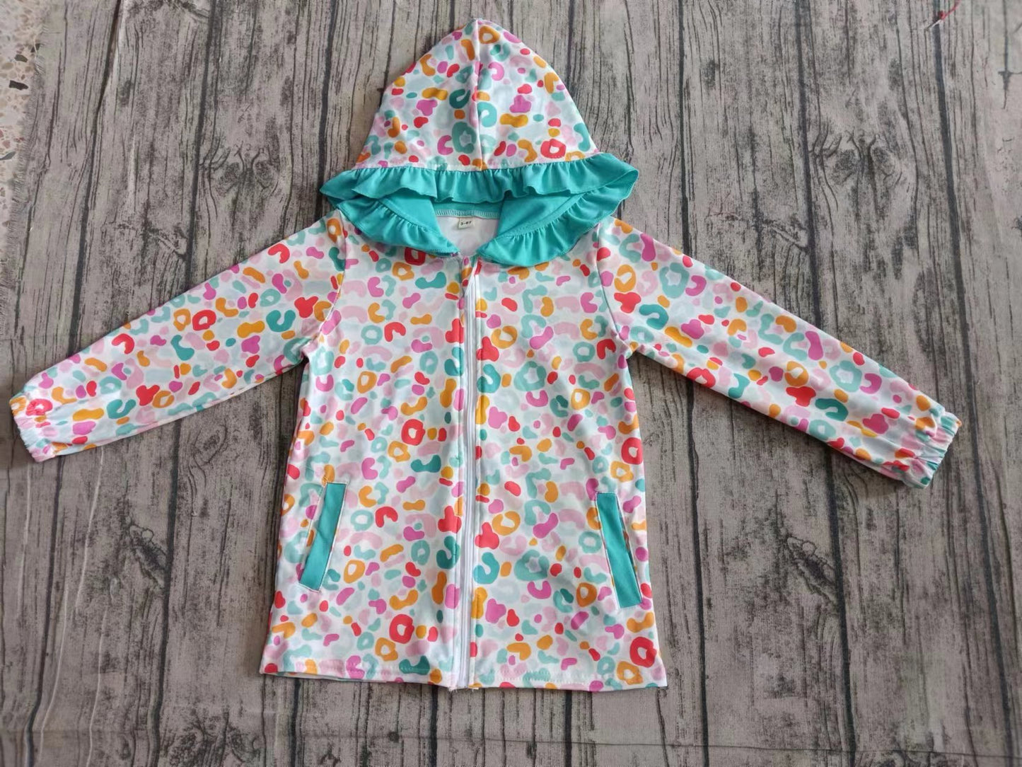 Preorder (moq 5)Baby Girls Turquoise Leopard Hooded Ruffle Cardigan Tops