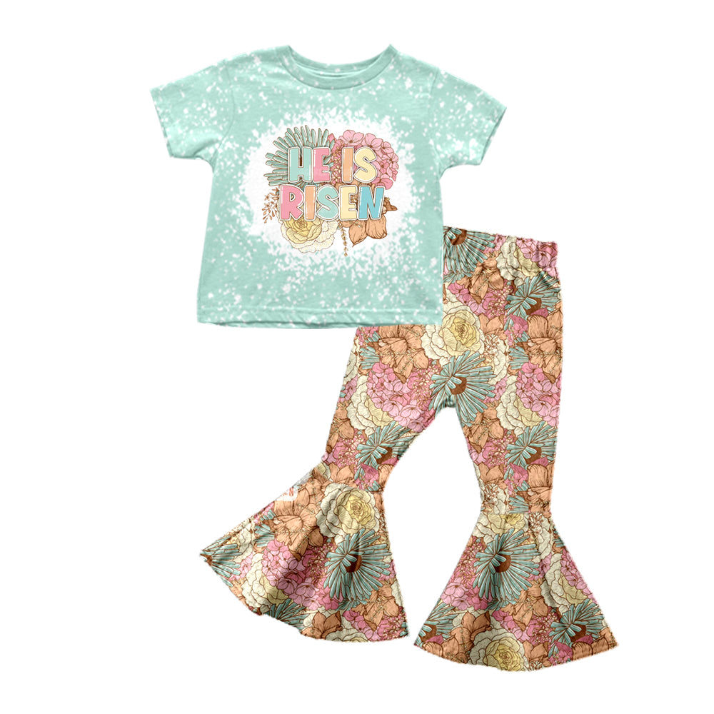 Baby Girls Green He Is Risen Easter Top Tee Shirt Floral Flare Pants Clothes Sets preorder(moq 5)