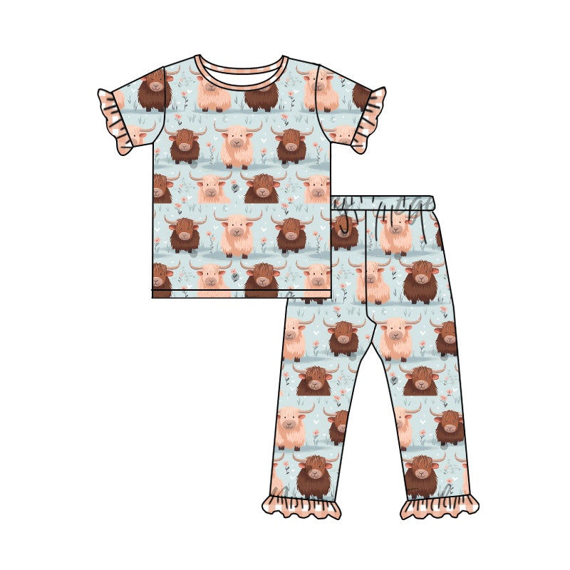 Baby Girls Highland Cow Western Short Sleeve Top Ruffle Pants Clothes Sets preorder(moq 5)