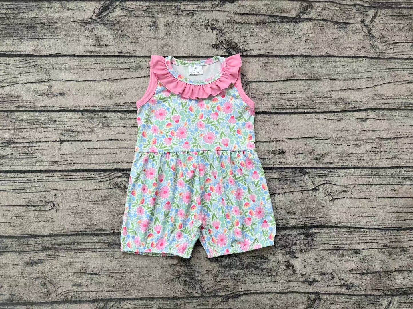 Baby Girls Pink Flowers Ruffle Sleeveless Rompers