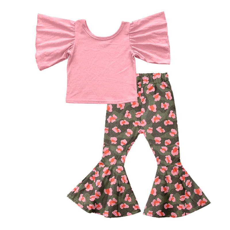 Baby Girls Pink Shirt Camo Leopard Flare Pants Clothes Sets Preorder(moq 5)