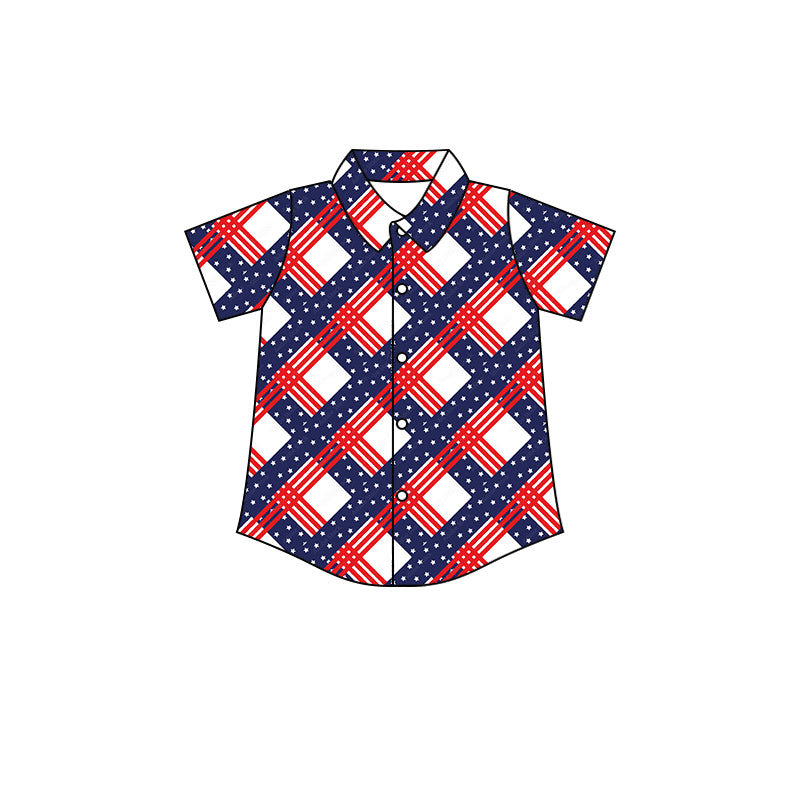 Baby Boys Red Blue Plaid Buttons Short Sleeve Tee Shirts Tops preorder(moq 5)