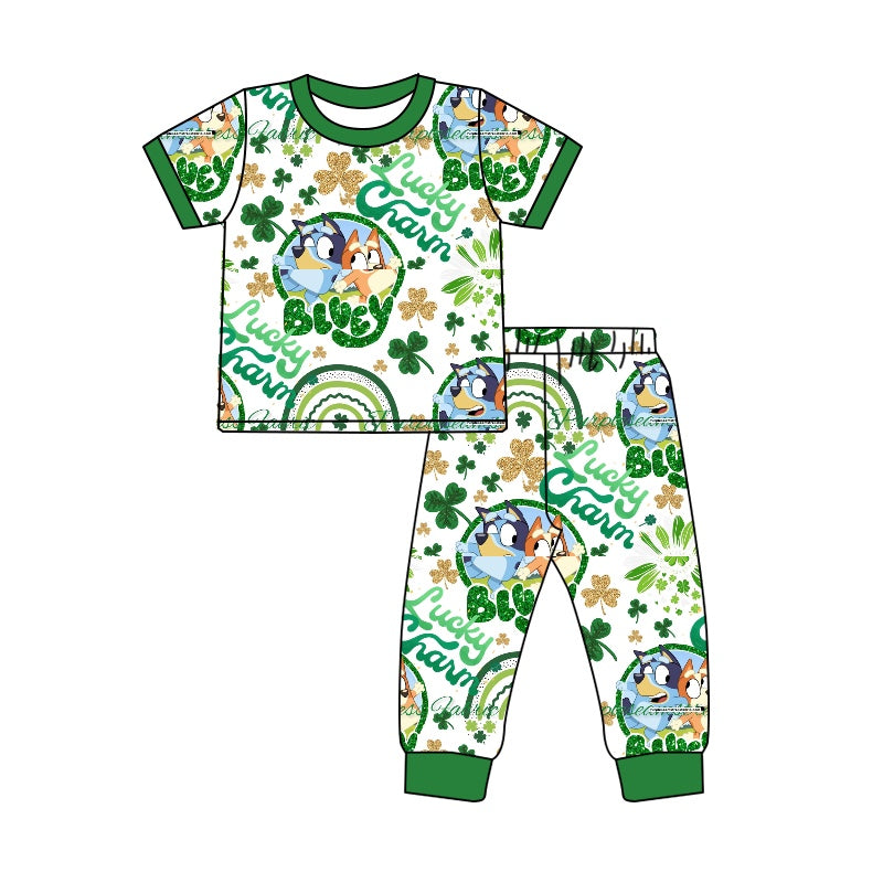 Baby Boys Green Dog Lucky St Patrick Day Top Pants Pajamas Clothes Sets preorder(moq 5)