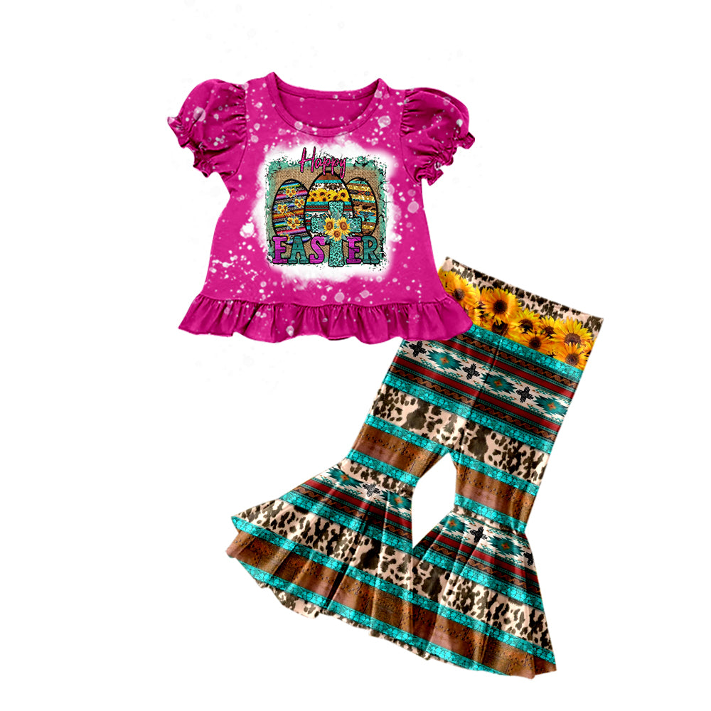 Baby Girls Happy Easter Sunflowers Shirt Top Bell Pants Sets Preorder(moq 5)