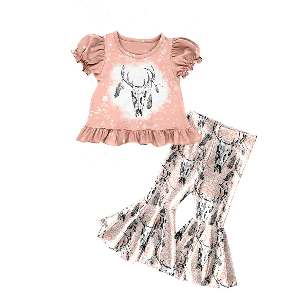 Baby Girls Western Pink Aztec Cow Skull Shirts Top Flare Bell Pants Clothes Sets Preorder(moq 5)