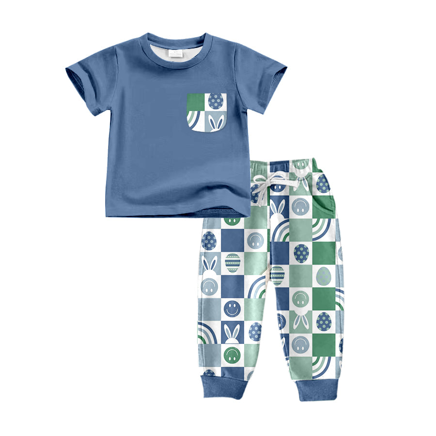 Baby Boys Easter Rabbit Blue Pocket Tee Pants Clothing Sets Preorder(moq 5)