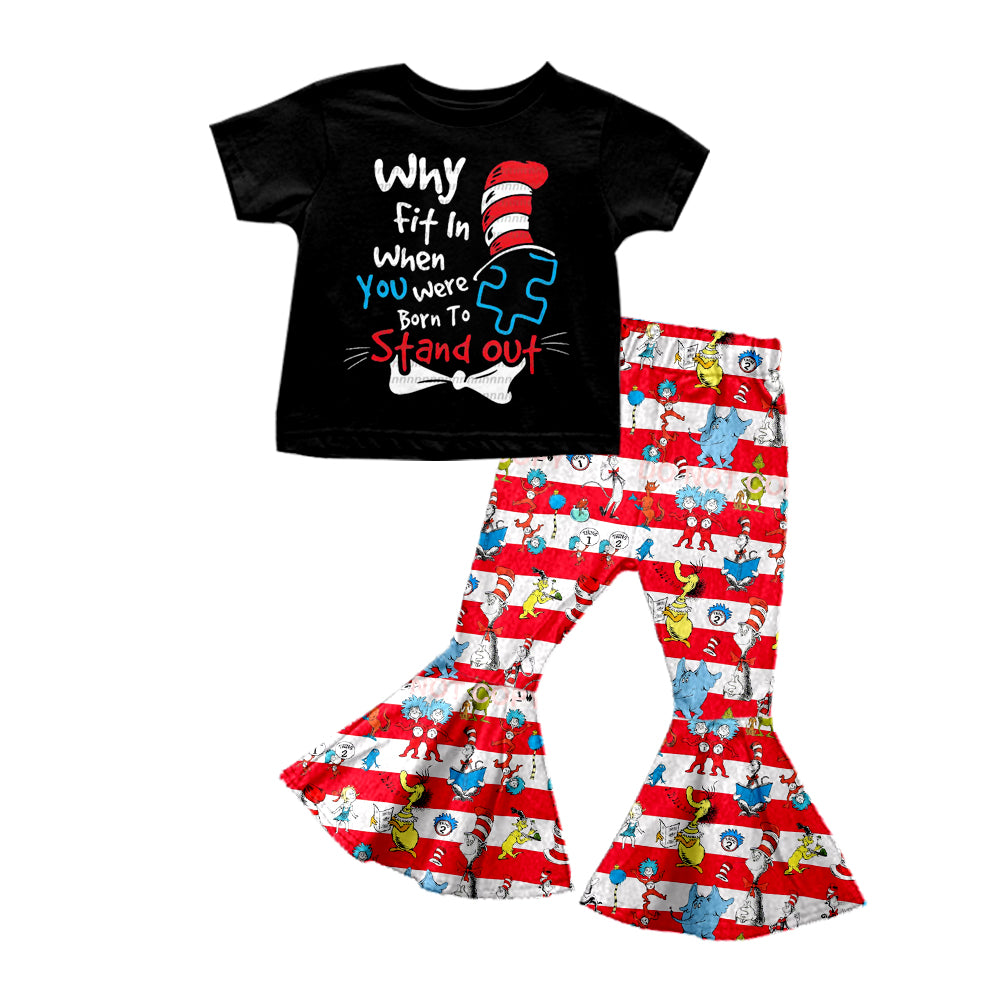 Baby Girls Short Sleeve Black Tee Shirt Dr Reading Bell Pants Clothes Sets preorder(moq 5)
