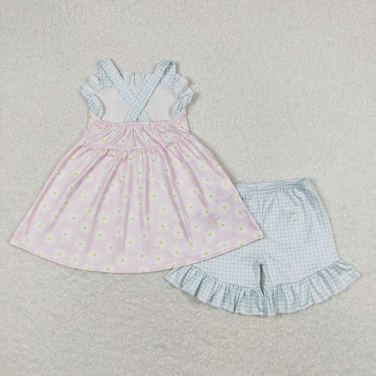 Baby Girls Pink Daisy Straps Tunic Top Ruffle Shorts Clothes Sets