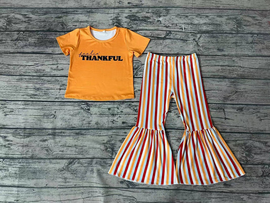 Baby Girls Orange Thankful Tee Shirt Thanskgiving Tops Stripes Bell Bottom Pants Clothes Sets