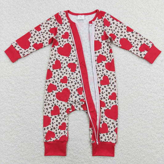 Baby Infant Girls Valentines Hearts Leopard Long Sleeve Zip Rompers