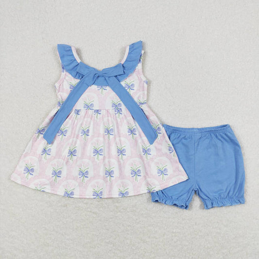 Baby Girls Pink Flowers Bunches Tunic Top Bubble Shorts Clothes Sets