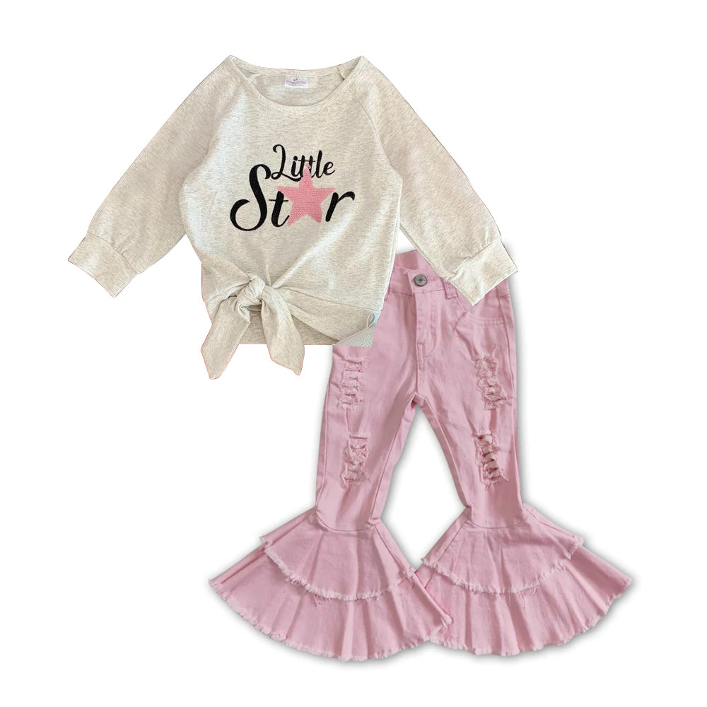 Baby Girls Little Star Long Sleeve Tee Shirts Tops Pink denim pants sets preorder(moq 5)