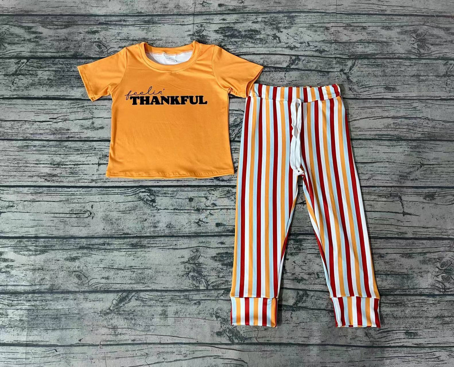 Baby Boys Orange Thankful Tee Thanksgiving Shirt Stripes Pants Clothes Sets
