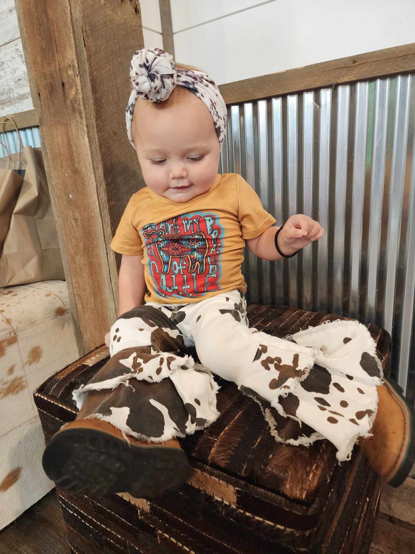 Mommy and Me Adult Baby Girls Western Cow Print Denim Bell Flare Pants Jeans