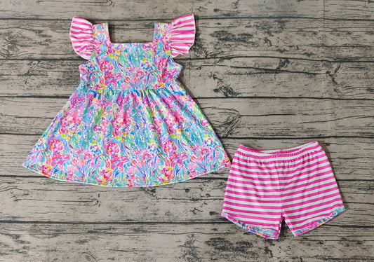 Baby Girls Pink Water Flowers Flutter Sleeve Tunic Top Shorts Clothes Sets