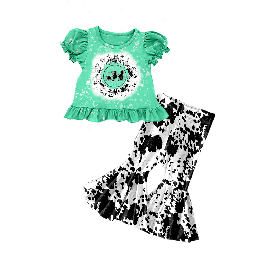 Baby Girls Western Green Top Cow Bell Pants Sets Preorder(moq 5)