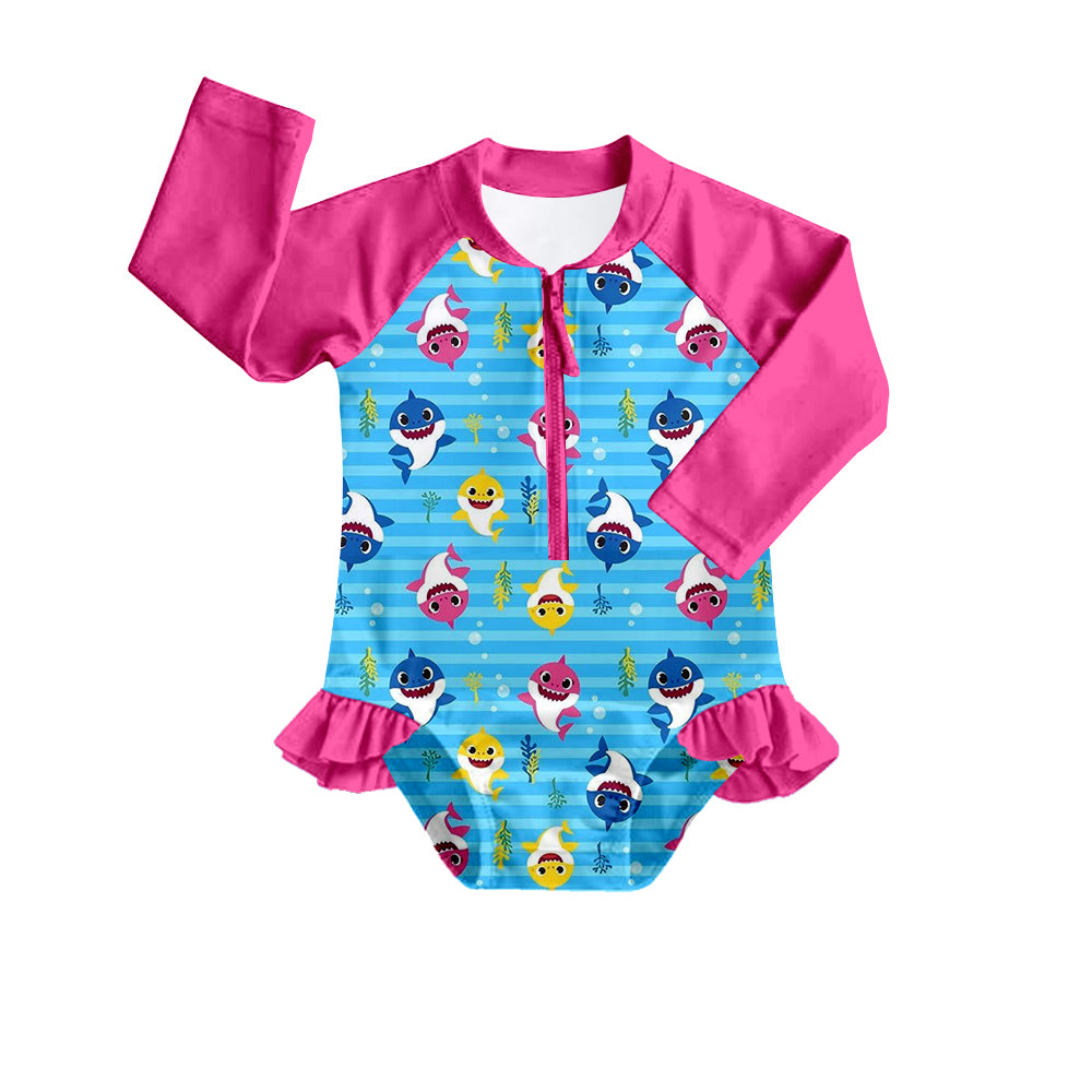 Baby Girls Blue Shark Long Sleeve One Piece Swimsuits preorder(moq 5)