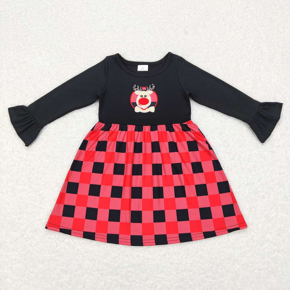Baby Girls Christmas Deer Ruffle Long Sleeve Knee Length Dresses