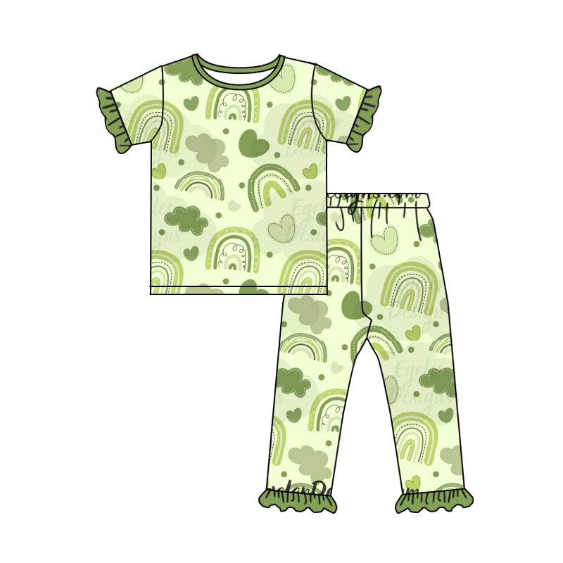 Baby Girls Green Rainbow St Patrick Day Short Sleeve Top Ruffle Pants Clothes Sets preorder(moq 5)