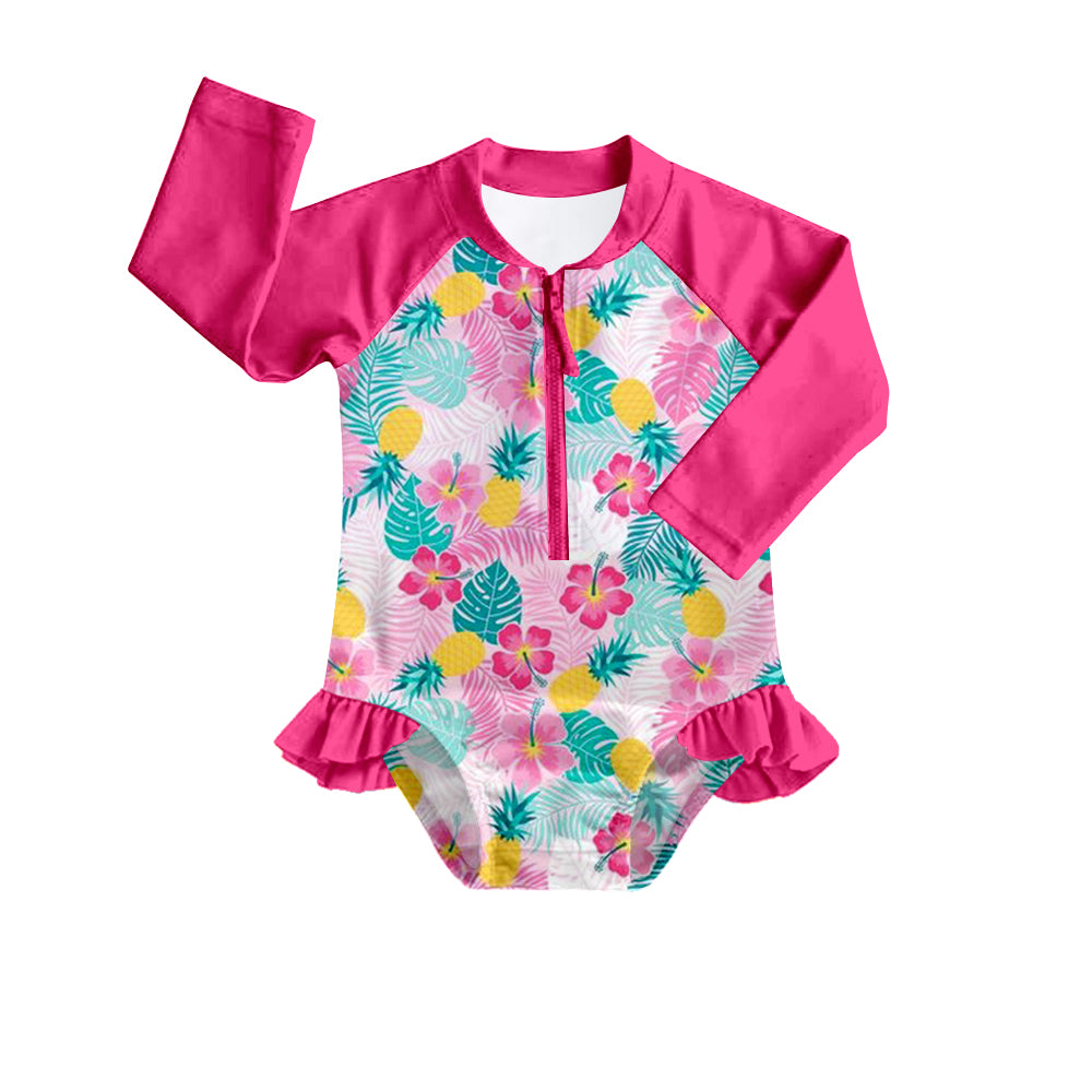 Baby Girls Pink Leaves Long Sleeve One Piece Swimsuits preorder(moq 5)